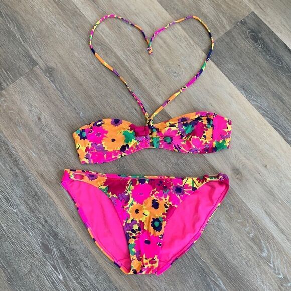 Old Navy bikini 2 piece bathing/swim suit pink floral med top large bottom NWOT - Picture 1 of 14